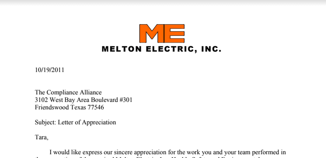 Melton Electric, Inc. Appreciation Letter